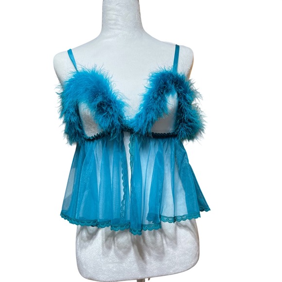 Vintage Frederick's of Hollywood Teal Feather Trim Sheer Babydoll Robe Y2K - Picture 6 of 13